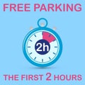 Clock symbol with the text Ã¢â¬Åfree parking the first 2 hoursÃ¢â¬Â